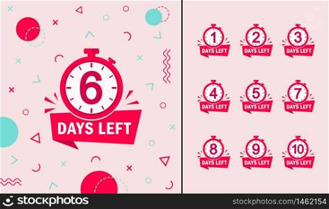Memphis geometric background with number days left countdown 1, 2, 3, 4, 5, 6, 7, 8, 9. Design template for post, blog of social network, media. Flat isolated layout with timer countdown. vector eps10. Memphis geometric background with number days left countdown 1, 2, 3, 4, 5, 6, 7, 8, 9. Design template for post, blog of social network, media. Flat isolated layout with timer countdown. vector