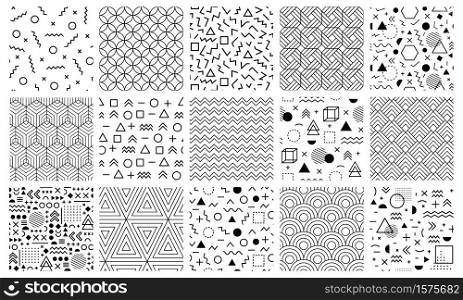 Memphis geometric patterns. Seamless 80s abstract maze patterns, 90s style memphis pattern, geometric doodle vector background illustration set. Geometric memphis seamless trendy pattern. Memphis geometric patterns. Seamless 80s abstract maze patterns, 90s style memphis pattern, geometric doodle vector background illustration set