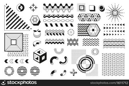 Memphis geometric shapes. Retro black and white halftone pattern and trendy design elements. Abstract modern minimal shapes, dots and lines. Vector round and square forms isolated on white background. Memphis geometric shapes. Retro black and white halftone pattern and trendy design elements. Abstract modern minimal shapes, dots and lines. Vector round and square forms isolated background