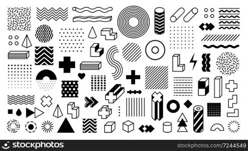 Memphis geometric shapes. Trendy graphic element. Different shape funky graphic silhouette for design. Vector isolated decorative minimalistic elements. Memphis geometric shapes. Trendy graphic element. Different shape funky graphic silhouette for design. Vector isolated elements