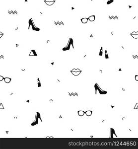 Memphis pattern with black high heel shoes, lips, sunglasses and geometric shapes. Fashion background in 90s 80s style. Triangle, zigzag and other graphic elements. Line art. Linear design. Memphis pattern with black high heel shoes, lips, sunglasses and geometric shapes. Fashion background in 90s 80s style. Triangle, zigzag and other graphic elements. Line art. Linear design.
