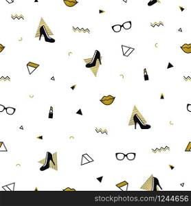Memphis pattern with black high heel shoes, lips, sunglasses and golden geometric shapes. Fashion background in 90s 80s style. Triangle, zigzag and other graphic elements. Gold linear design. Memphis pattern with black high heel shoes, lips, sunglasses and golden geometric shapes. Fashion background in 90s 80s style. Triangle, zigzag and other graphic elements. Gold linear design.
