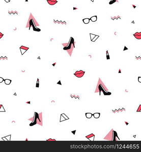 Memphis pattern with black high heel shoes, red lips, sunglasses and geometric shapes. Fashion background in 90s 80s style. Triangle, zigzag and other graphic elements. Linear design. Memphis pattern with black high heel shoes, red lips, sunglasses and geometric shapes. Fashion background in 90s 80s style. Triangle, zigzag and other graphic elements. Linear design.
