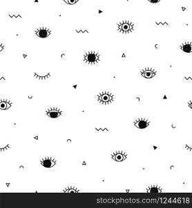 Memphis pattern with psychedelic eyes and geometric shapes. Fashion background in 90s 80s style. Linear design. Triangle, zigzag, graphic elements, open and closed eyes. Line art in black and white. Memphis pattern with psychedelic eyes and geometric shapes. Fashion background in 90s 80s style. Linear design. Triangle, zigzag, graphic elements, open and closed eyes. Line art in black and white.