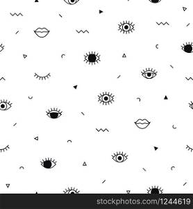 Memphis pattern with psychedelic eyes, lips and geometric shapes. Fashion background in 90s 80s style. Linear design. Triangle, zigzag, graphic elements, open eyes. Line art in black and white. Memphis pattern with psychedelic eyes, lips and geometric shapes. Fashion background in 90s 80s style. Linear design. Triangle, zigzag, graphic elements, open eyes. Line art in black and white.
