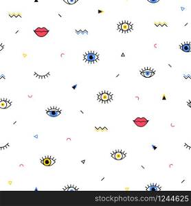 Memphis pattern with psychedelic eyes, lips and geometric shapes. Fashion background in 90s 80s style. Linear design. Triangle, zigzag, open eyes and other graphic elements. Line art.
