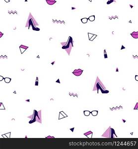 Memphis pattern with purple high heel shoes, pink lips, sunglasses and geometric shapes. Fashion background in 90s 80s style. Triangle, zigzag and other graphic elements. Linear design. Memphis pattern with purple high heel shoes, pink lips, sunglasses and geometric shapes. Fashion background in 90s 80s style. Triangle, zigzag and other graphic elements. Linear design.