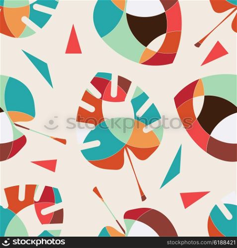 Memphis seamless pattern with leaf palm . Pattern in Memphis retro style. Fabric, prints, background. Vintage background with abstract design elements. Stock vector