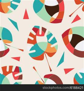 Memphis seamless pattern with leaf palm . Pattern in Memphis retro style. Fabric, prints, background. Vintage background with abstract design elements. Stock vector