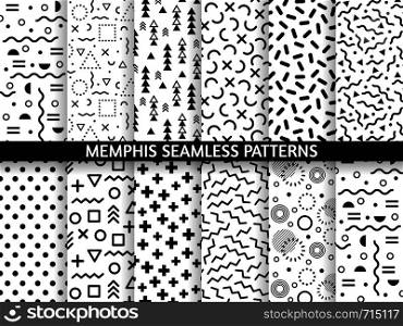 Memphis seamless patterns. Funky pattern, retro fashion 80s and 90s print pattern texture. Geometric graphics style textures. Abstract memphis decoration fabric vector set. Memphis seamless patterns. Funky pattern, retro fashion 80s and 90s print pattern texture. Geometric graphics style textures vector set