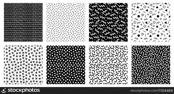 Memphis seamless patterns. Geometric lines and dots texture, black and white 80s textures and funky pattern. Abstract 90s pattern, memphis repeat posters or fabric. Isolated vector icons set. Memphis seamless patterns. Geometric lines and dots texture, black and white 80s textures and funky pattern vector set