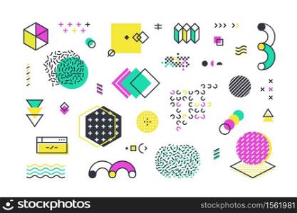 Memphis shapes. Abstract geometric line elements with retro graphic shapes for web design advertisement and social network banners. Vector set vintage wave ornament for 1980 illustrations. Memphis shapes. Abstract geometric line elements with retro graphic shapes for web design advertisement and social network banners. Vector set