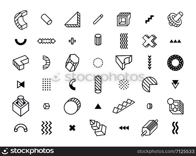 Memphis style geometric shapes. Abstract geometry shape, 80s poster graphic and lined or dots textured shapes. Geometrical 90s pop Memphis signs hipster ornaments. Isolated symbols vector set. Memphis style geometric shapes. Abstract geometry shape, 80s poster graphic and lined or dots textured shapes vector set