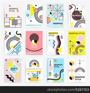 Memphis Style Posters Set. Colorful abstract memphics style posters with geometric figures and lines set doodle isolated vector illustration