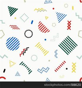Memphis style seamless pattern on white background. Fashion 80-90s. Colorful geometric seamless pattern different shapes color style. Vector Illustration