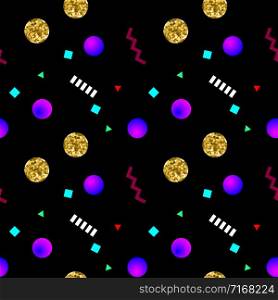 Memphis style seamless pattern with golden glitter circles