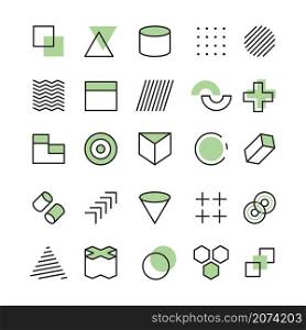 Memphis templates. Abstract geometrical collection for design projects linear shapes circles dots triangles lines forms 80s geometry vector set. Illustration linear geometric, geometry decoration. Memphis templates. Abstract geometrical symbols collection for design projects linear shapes circles dots triangles lines modern forms 80s geometry garish vector set
