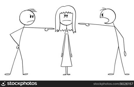 Men accusing or blaming girl or woman, vector cartoon stick figure or character illustration.. Men Accusing or Blaming Woman or Girl , Vector Cartoon Stick Figure Illustration