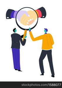 Men and magnifying glass, holding hands, business professional relationship isolated icon vector. Male characters in suits dealing, signing contract. Finance and commerce, cooperation and coworking. Dealing symbol, men and magnifying glass, business relationship