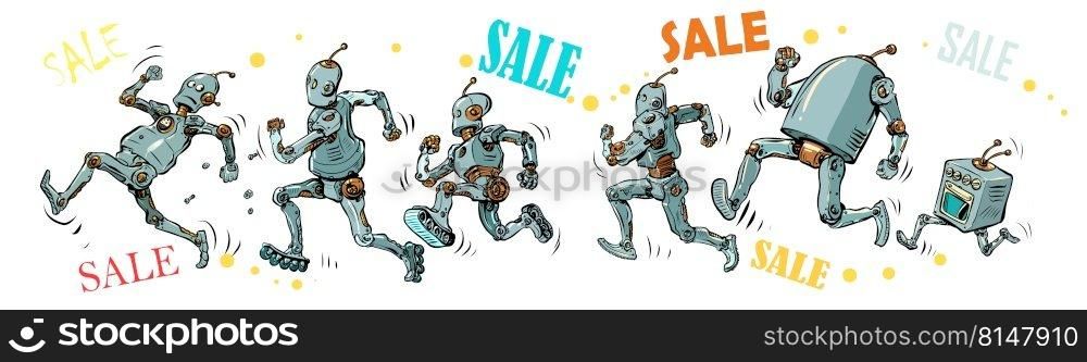 men and robots run for sa≤, fast run marathon sport. Con∑ers rush to the store. Pop Art Retro Vector Illustration Kitsch V∫a≥50s 60s Sty≤. men and robots run for sa≤, fast run marathon sport. Con∑ers rush to the store
