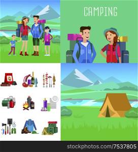 Men and woman character camping tourists. Camping Weekend icons. Hiking and camping object. Vector camping flat illustration. summer landscape. Morning landscape in the mountains.