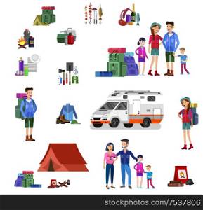 Men and woman character camping tourists. Camping Weekend icons. Hiking and camping object. Vector camping flat illustration. summer landscape. Morning landscape in the mountains.