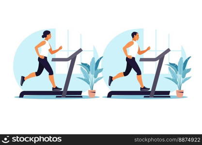 Men and woman running on a treadmill at home. Healthy lifestyle concept. Sport training. Fitness. Vector illustration. Flat.