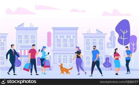 Men and Woman Walking, Meeting Friends, Communicating, Using Gadgets, Walk with Dogs, Talking, Relaxing on Urban Buildings Background. Active People Lifestyle in City. Cartoon Flat Vector Illustration. Men and Woman Walking in City. Urban Lifestyle.