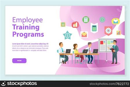 Men and woman working with laptop at table and listening worker near colorful board, portrait view. Employee training programs design web page vector. Business education with mentor. Training Programs, Workers and Laptop Web Vector