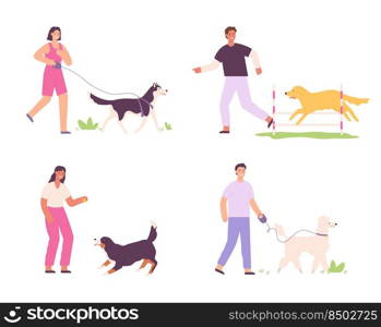 Men and women and domestic dogs activity. People walking with pets. Male and female characters training puppies, spending leisure time together. Owners caring about animals vector set. Men and women and domestic dogs activity. People walking with pets. Male and female characters training puppies