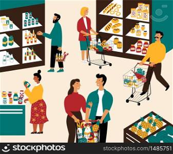 Men and women buying products at grocery store. Happy people with shopping carts purchasing food at supermarket. Customers in retail shop. Flat cartoon vector illustration.