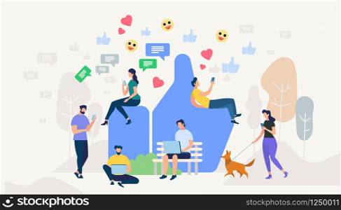 Men and Women Communicating in Social Media Networks Around of Huge Blue Hand Showing Thumb Up. People Using Gadgets and Smartphones. Smart Technologies, Internet. Cartoon Flat Vector Illustration. Men and Women Communicate in Social Media Networks