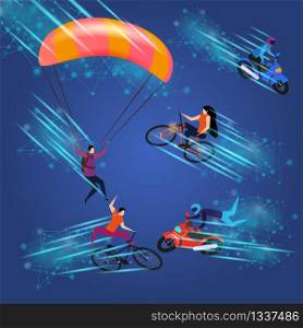 Men and Women Doing Extreme Sportish Activity on Blue Gradient Background with Glowing Speed Trace Pattern. Skydiving, Motocross Racing, Cycling, Active Lifestyle. Flat Vector Isometric Illustration. Men and Women Doing Extreme Sportish Activity