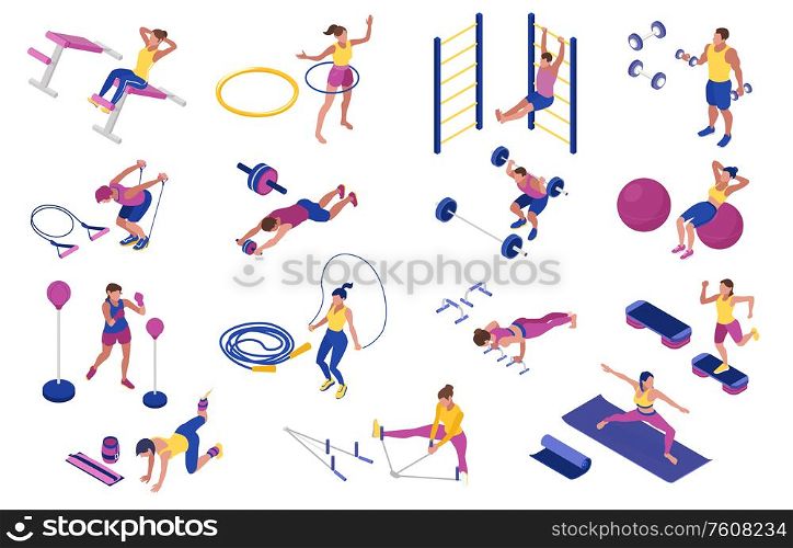 Men and women doing fitness with barbells boxing pear hoop dumbbells at home isometric icons set 3d isolated vector illustration