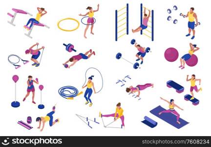 Men and women doing fitness with barbells boxing pear hoop dumbbells at home isometric icons set 3d isolated vector illustration