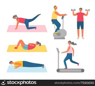 Men and women doing sport and fitness training vector. Sit-ups and push-ups, lifting legs and exercise bike and dumbbells, girl on treadmill, gym workout. Sport and Fitness, Training Apparatuses and Rugs