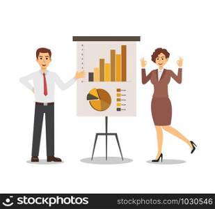Men and women dressed in business clothes and discussing ideas, graph, businessman, character, Vector illustration.