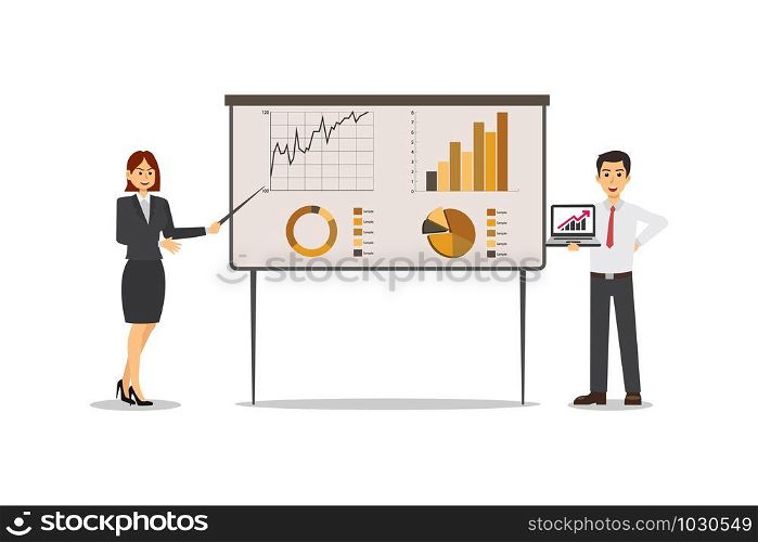 Men and women dressed in business clothes and discussing ideas, graph, businessman, character, Vector illustration.