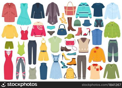 Men and women fashion clothing accessories, hats, footwear. Summer or winter outfits, fashionable casual clothes, shoes and bags vector set. Wardrobe for male and female characters. Men and women fashion clothing accessories, hats, footwear. Summer or winter outfits, fashionable casual clothes, shoes and bags vector set