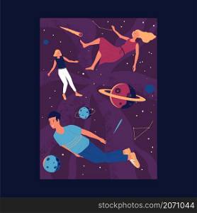 Men and women floating in zero gravity. Cartoon people fly with stars and planets in cosmos. Universe exploration. Happy persons relaxation in outer space. Galaxy adventure fantasy. Vector spacemen. Men and women floating in zero gravity. People fly with stars and planets in cosmos. Universe exploration. Persons relaxation in outer space. Galaxy adventure fantasy. Vector spacemen