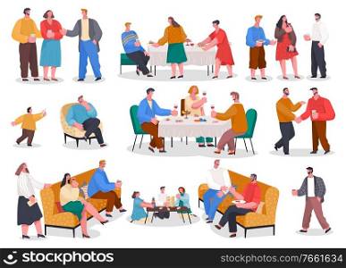 Men and women have dinner, party in restaurant or at home. Friends and family meeting with food and games. Set of isolated pictures with people having fun. Vector illustration of banquet in flat style. People Eat and Play on Banquet, Home Reception