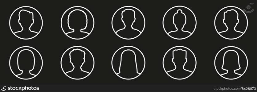 Men and women head linear icon set. Human avatar in line circle shape. Male and female profile symbol collection. Vector isolated on black.. Men and women head linear icon set.