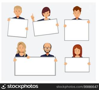 Men and women holding blank board banners. put your text here. Half body people, Protesting crowd, political meeting, parade. flat vector cartoon character illustration.