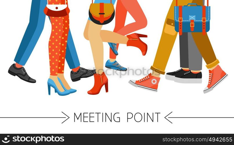 Men And Women Legs And Footwear. Flat design men and women legs and feet with stylish colorful clothes and footwear on white background vector illustration