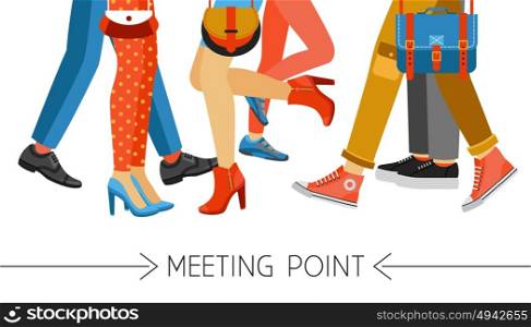 Men And Women Legs And Footwear. Flat design men and women legs and feet with stylish colorful clothes and footwear on white background vector illustration