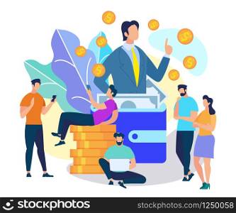 Men and Women Listening to Businessman Speaking at Big Wallet with Money. Business Consulting, Financial Advisor, Audit, Financial Management. Economic Infographic Cartoon Flat Vector Illustration.. People Listen Businessman Speaking at Big Wallet