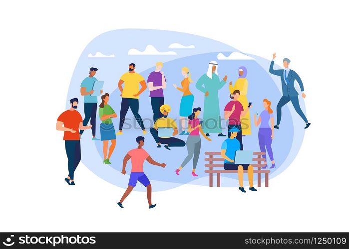Men and Women of Different Ages, Religious and Culture Isolated on White Background. Multiracial and International People Characters Communicating, Using Gadgets. Cartoon Flat Vector Illustration.. People of Different Culture on White Background.