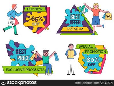 Men and women on shopping with bags from stores. Big discounts on goods, best offers and prices. Special promotion on exclusive products on black friday. Vector captions for advertising on labels. Men and Women on Shopping, Best Offer and Price