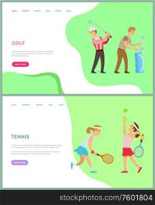 Men and women play golf and tennis, sporty poster decorated by portrait view of athletic people in sportswear holding equipment, activity vector. Website or webpage template, landing page flat style. People Playing Tennis and Golf, Activity Vector