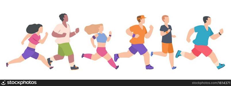 Men and women running. Cartoon young people jogging. Cute teenagers training in sportswear. Outdoor workout or marathon. Sport group activity. Runners competition. Vector minimalist illustration. Men and women running. Cartoon people jogging. Teenagers training in sportswear. Outdoor workout or marathon. Sport group activity. Runners competition. Vector minimalist illustration